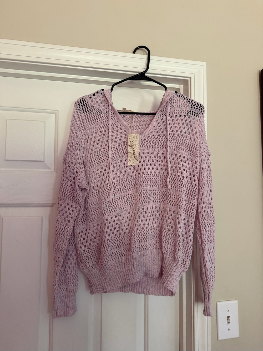 Mystree Lavender Open-Weave Hooded Sweater